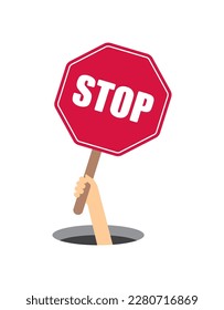 Vector hand emerging from a hole holding a STOP sign. Isolated on white background.
