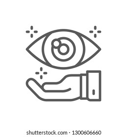 Vector hand with eye, optical clinic line icon. Symbol and sign illustration design. Isolated on white background