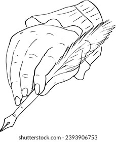 Vector hand with feather ink linear gestures vintage illustration 