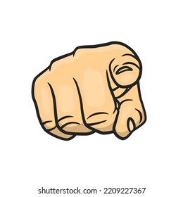 Vector Hand with Finger Pointing at You. Choosing Gesture Icon with Outline in Cartoon Comic Style, Direction and Showing