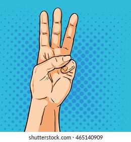 Vector hand. Fingers showing three. Illustration in pop art comic style