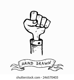 Vector hand fist illustration in hand drawn style. Hand drawn by ink pen, vintage engraving style.