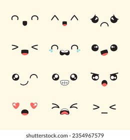 Vector hand flat design drawn kawaii face expressions