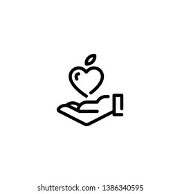 Vector Hand With Fruit Heart Icon Template. Line Love Symbol For Local Farmers Market, Healthy Natural Products, Eco Organic Business.Food Donation, Charity. Good Food Logo Illustration With Vegetable