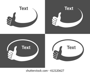 Vector hand gesture icons for advertising text, dark grey and white circular symbols, monochrome best choice labels
