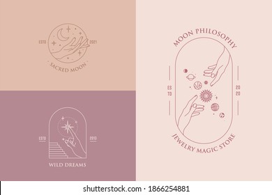 Vector hand gestures set of logo design templates in minimal linear style. Planet, moon, stars. Pastel colors. 