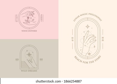 Vector hand gestures set of logo design templates in minimal linear style. Planet, moon, stars. Pastel colors. 