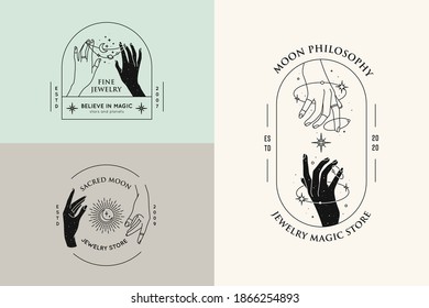 Vector hand gestures set of logo design templates in minimal linear style. Planet, moon, stars. Pastel colors. 