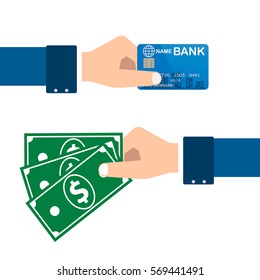 vector hand gives credit card and other hand gives money to the exchange