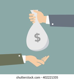 Vector hand gives money bag to another hand. Payment concept.