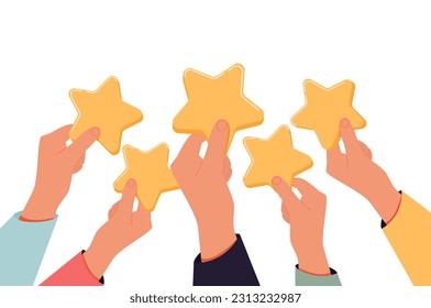 Vector of Hand giving five star rating. Customers choose a satisfaction rating and leave positive feedback. Concept of customer service and user experience. Flat isometric vector illustration.