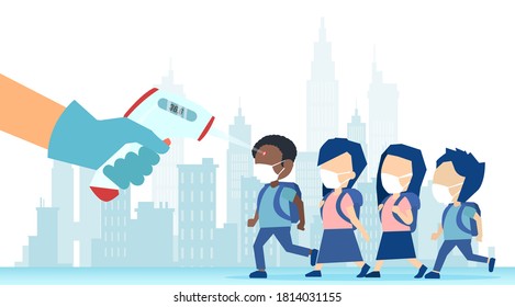 Vector of a hand in gloves with scanner measuring body temperature of a group of students entering school 