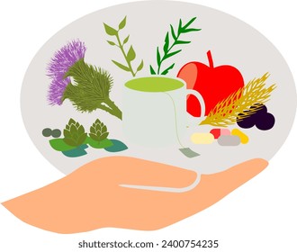 Vector hand with good foods for the liver and healthy eating