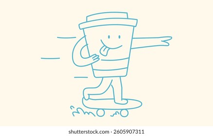 Vector hand graphics of takeaway cup of coffee riding a skateboard for design, branding, posters, illustration. Character, Emblem, Mascot