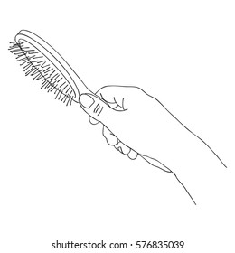 vector hand with hair brush, line drawing isolated symbol at white background