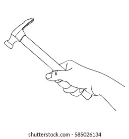 vector hand with hammer, hand drawn line illustration