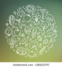 Vector Hand Has Drawn The Vegetable Illustration In The Circle. Sketch Icons Set. Various Hand-drawn Vegetable Illustration.