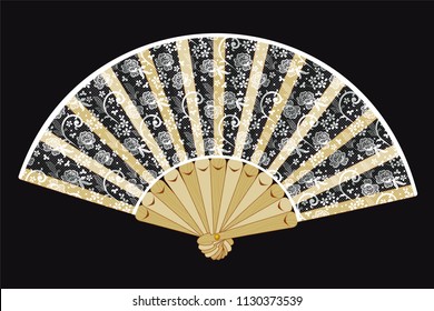 Vector hand held folding vintage fan with white laces, floral motifs, on wooden details