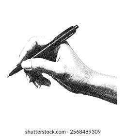 Vector hand hold pen with trendy retro photocopy effect. Modern stipple dots texture for design art.