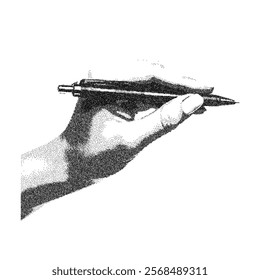 Vector hand hold pen with trendy retro photocopy effect. Modern stipple dots texture for design art.