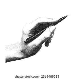 Vector hand hold pen with trendy retro photocopy effect. Modern stipple dots texture for design art.