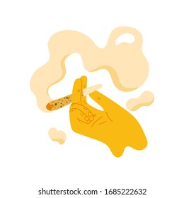 Vector hand hold twirled jamb with crushed marijuana flowers. Rolled joint weed with filter and smoke. Concept of smoking cannabis and legality of marijuana.