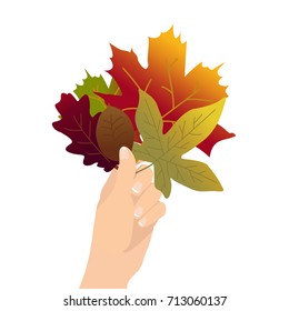 A vector hand holding a lot of autumn colorful leaves - enjoy the fall! 