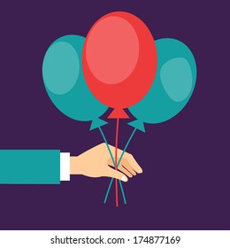 Vector hand holding balloons - greeting card in flat style