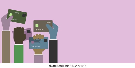 Vector hand holding the bank and virtual credit card, Banking and leasing concept, on the purple background, copy space for text