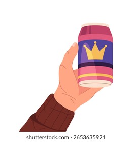 Vector hand holding beer can. Icon of metal tin beverage with cold alcohol drink. Container for party or nightclub, bar event. Element for brewing. Shaker for celebration event or festive. Lager, ale.