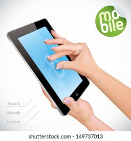 Vector Hand Holding Black Glossy Tablet Pad, Ipade, Ipode, Iphon style gadget Illustration, Sign, With Sticker