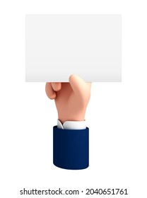 Vector сartoon hand holding blank paper on white background. Businessman hand holding white paper