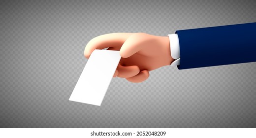 Vector сartoon hand holding blank paper label or tag on transparent background. Businessman hand holding business card.