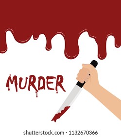 Vector of hand holding a bloody knife on blood flowing background - murder concept