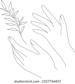 Vector hand holding a branch with leaves in a single line on a white background. Vector abstract emblem, symbol for tattoo design, cosmetics and packaging, jewellery, hand made or beauty products