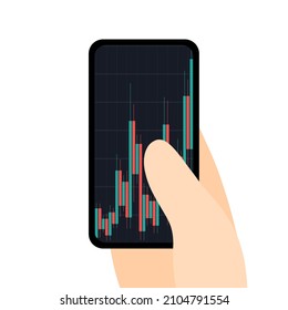 Vektorgrafik einer Hand hält ein Handy, Kryptowährungshandel, Börse, rote und grüne Grafik, Schnittstelle des Aktienmarktes, einzelne Illustration