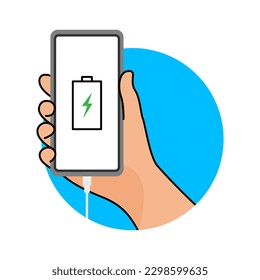 Mano vectora con batería de teléfono de carga. ilustración vectorial de icono plano