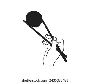 vector hand holding chopstick with a sushi continuous line drawing 