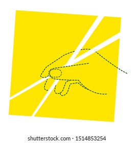 Vector hand holding chopsticks. Oriental  eating utensil. Colorful square at background. Could be used as icon or for your logo.