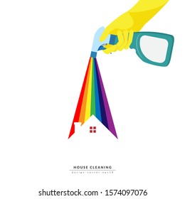 vector of hand holding cleaning spray plastic bottle detergent spraying colorful rainbow over roof of house isolated on white background. home cleaning service business banner template