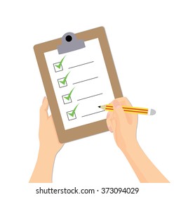 Vector of Hand holding clipboard with checklist and pencil