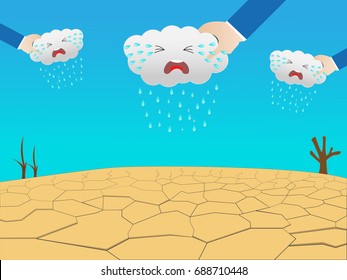 vector hand is holding the cloud and shaking so the clouds produce rain to make the ground fertile , Production of rain