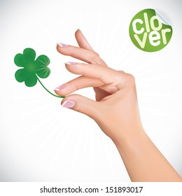 Vector Hand Holding Clover Illustration, Icons, Button, Sign, Symbol, Logo with Sticker for Family, Celebration, Lovers, People