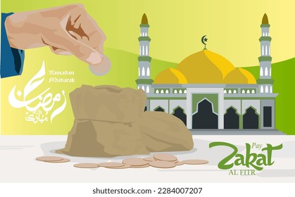 vector hand holding coin money put in pocket to give zakat al-fitr and mosque ramadan mubarak caligraphic