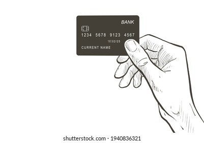 Vector Hand holding credit bank card. Online shopping service concept. Safe payment edc electronic data capture transaction point of sales. Contactless NFC pass wireless pay. Contains Chip