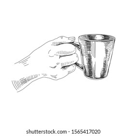 Vector hand holding cup with tea  ink illustration. Fingers position for taking glass, coffee cup etiquette manners engraving. Vintage style sketch. 