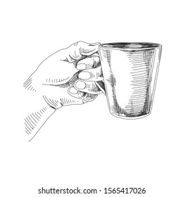 Vector hand holding cup with tea  ink illustration. Fingers position for taking glass, coffee cup etiquette manners engraving. Vintage style sketch. 