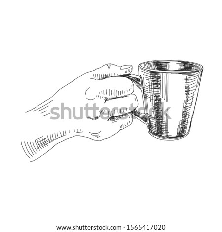 Vector hand holding cup with tea  ink illustration. Fingers position for taking glass, coffee cup etiquette manners engraving. Vintage style sketch. 