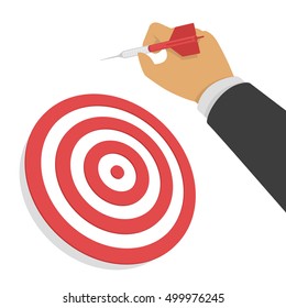 Vector hand holding dart. Businessman aiming at the business target. 