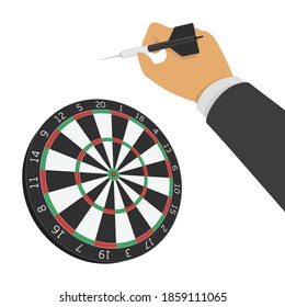 Vector hand holding dart on Dart board.  Businessman aiming at the business target. Vector illustration EPS 10.